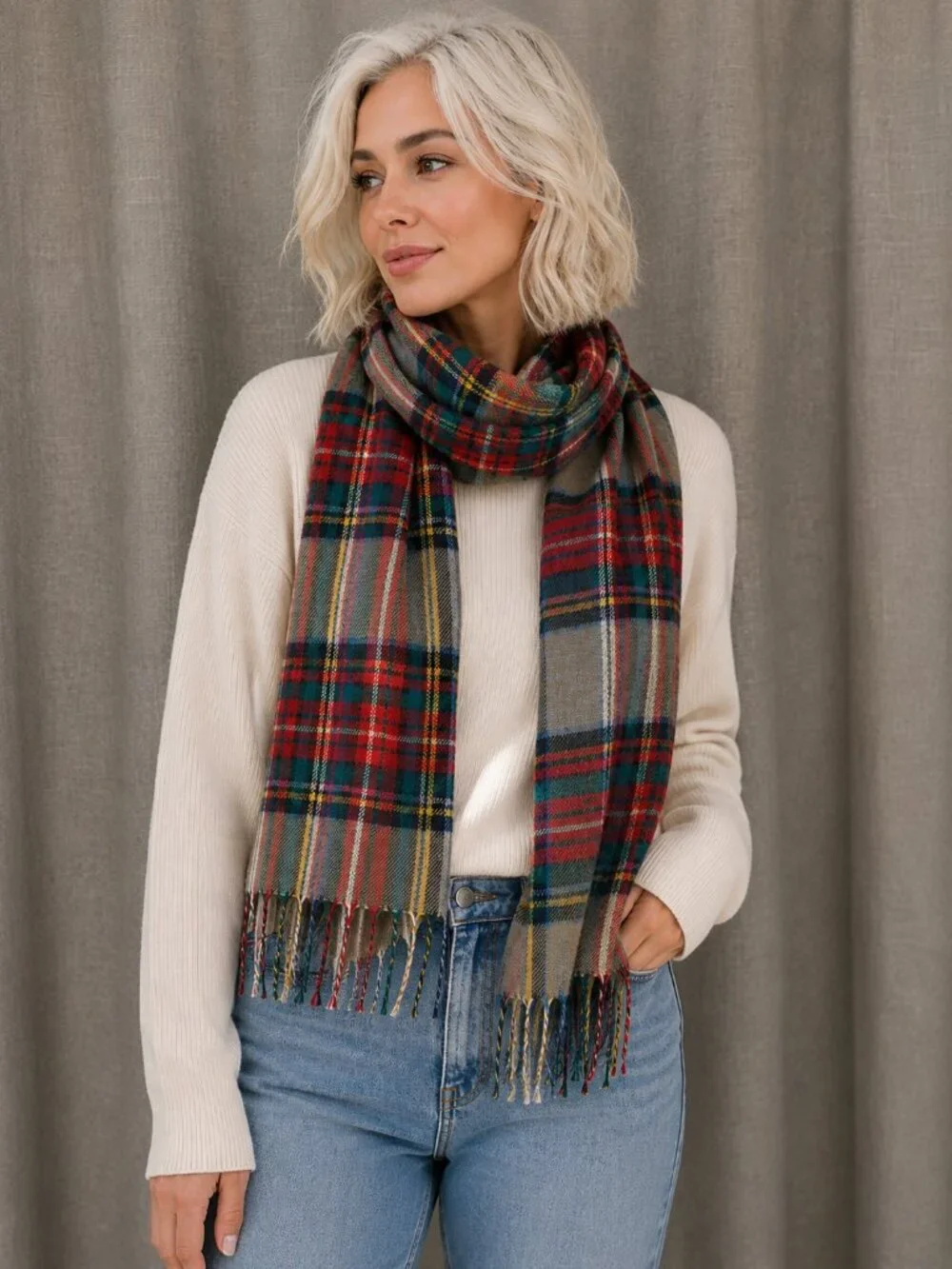 Red Green Plaid Tartan Scarf Fringe Wrap Women’s Winter Shawl